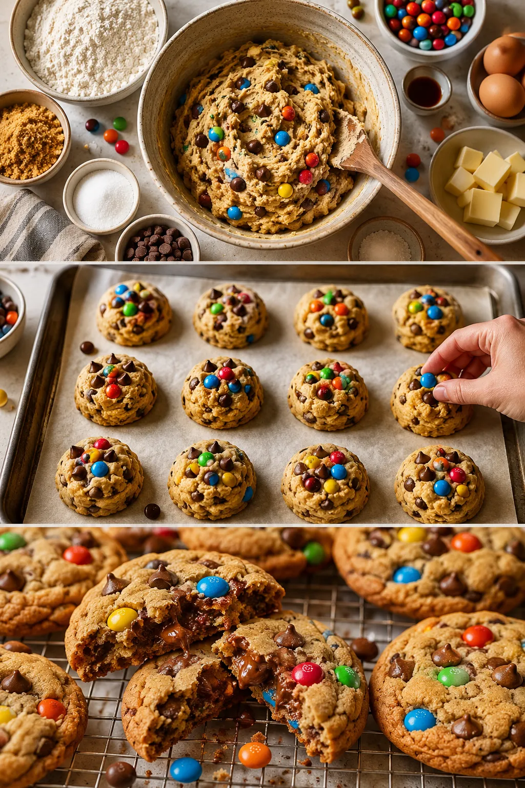 Vertical collage showing the complete process of making Chocolate M&M Cookies, from mixing the dough to freshly baked cookies with gooey chocolate centers.