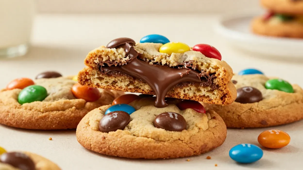 Stack of bakery-style Chocolate M&M Cookies with gooey chocolate centers and colorful candy pieces.