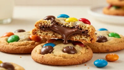 Stack of bakery-style Chocolate M&M Cookies with gooey chocolate centers and colorful candy pieces.