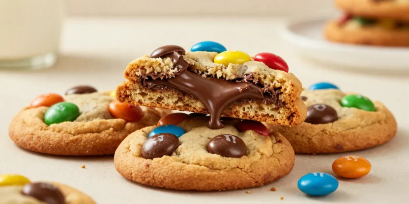 Stack of bakery-style Chocolate M&M Cookies with gooey chocolate centers and colorful candy pieces.