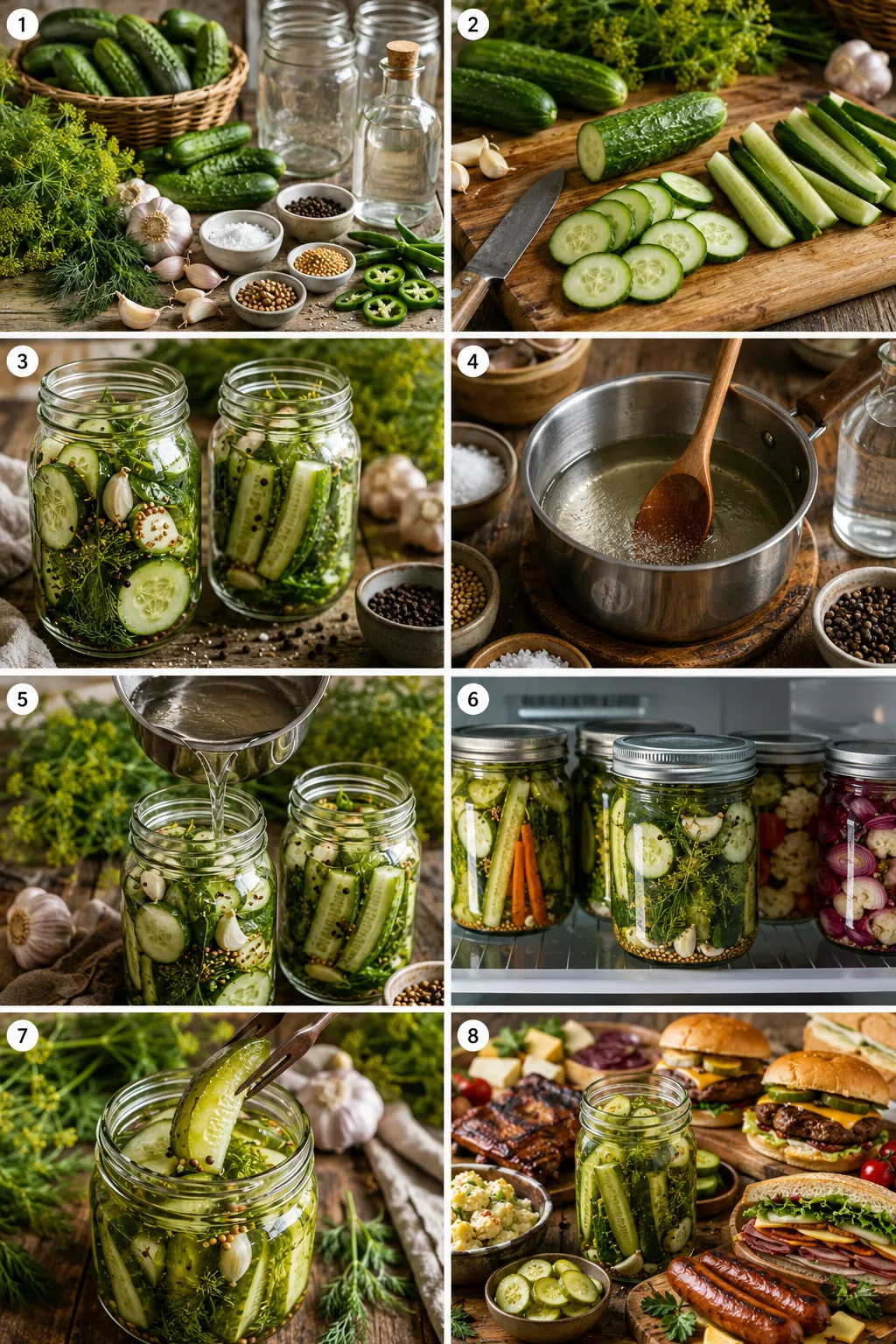 Basket and bowls of cucumbers, garlic, dill, and spices for pickling on a rustic wooden table.