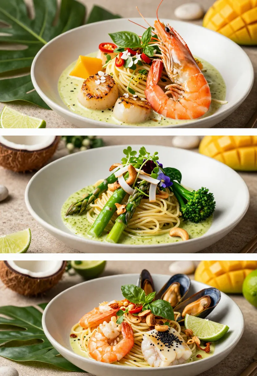 Woman enjoying sea spaghetti with prawns, coconut, and lime during a relaxed sunset dinner on an elegant seaside terrace.