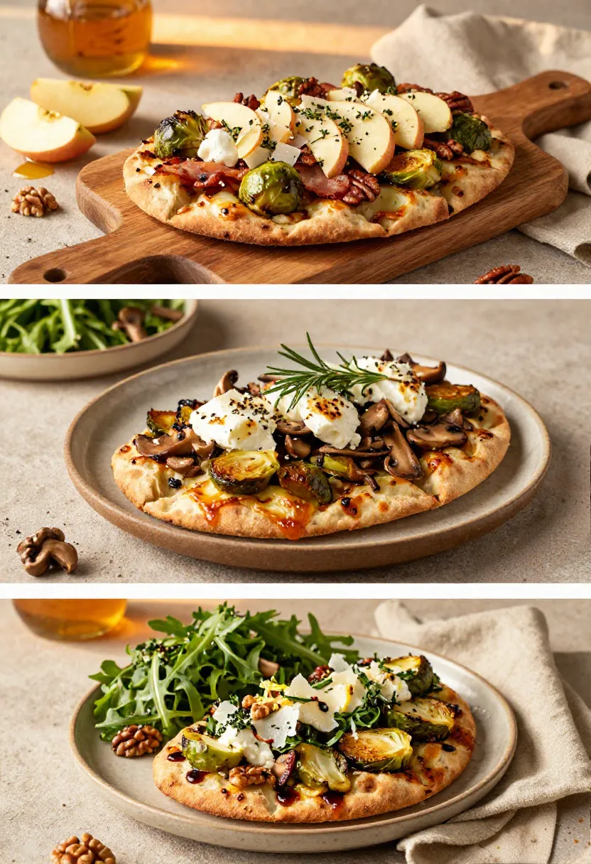 Three rustic pizzas topped with brie, pear slices, Brussels sprouts, and walnuts on wooden boards/plates.