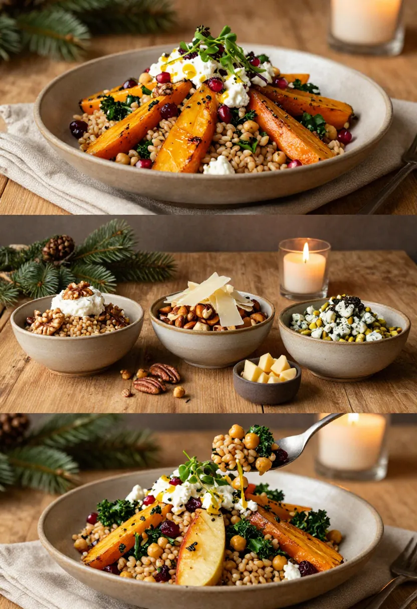 Vertical collage showing three creative Winter Farro Salad variations with different vegetables, cheeses, nuts, and seasonal additions.