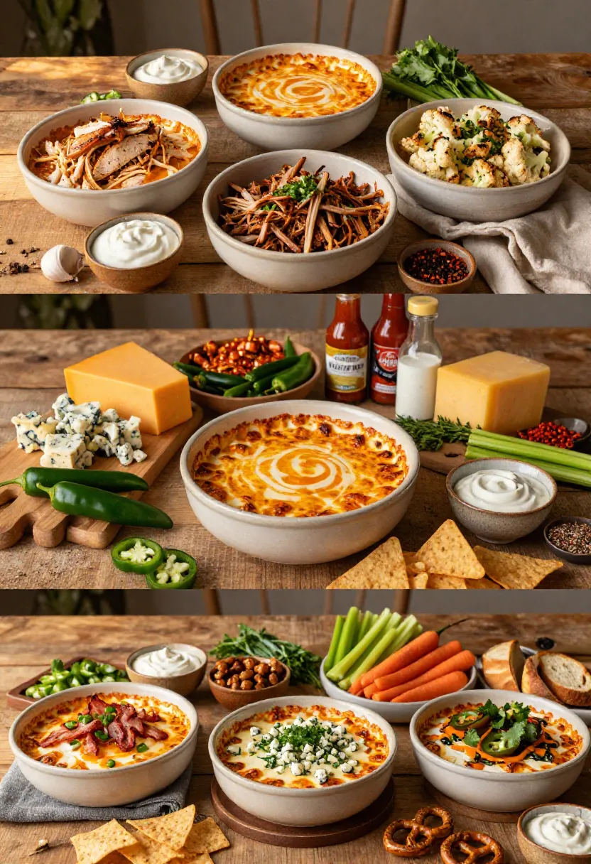 Vertical collage showing different ways to customize skinny buffalo chicken dip with various proteins, cheeses, toppings, and spice levels.