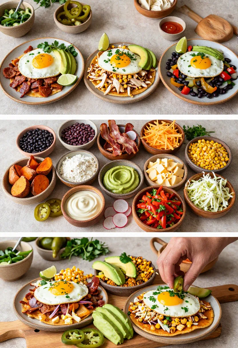 Creative Huevos Rancheros variations with chorizo, beans, roasted corn, cheese, and fresh toppings.