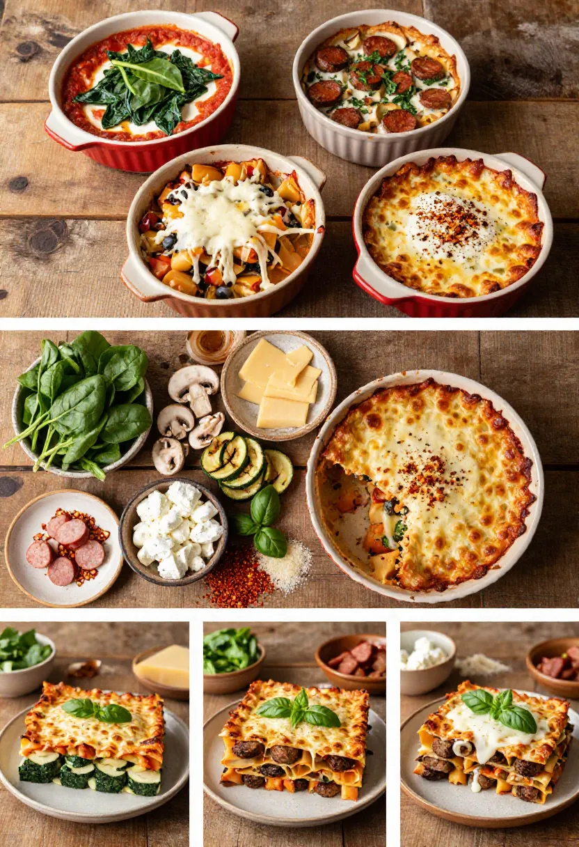 Collage of baked pasta dishes on a wooden table, including multiple lasagnas and an assortment of cheeses, greens, and vegetables.