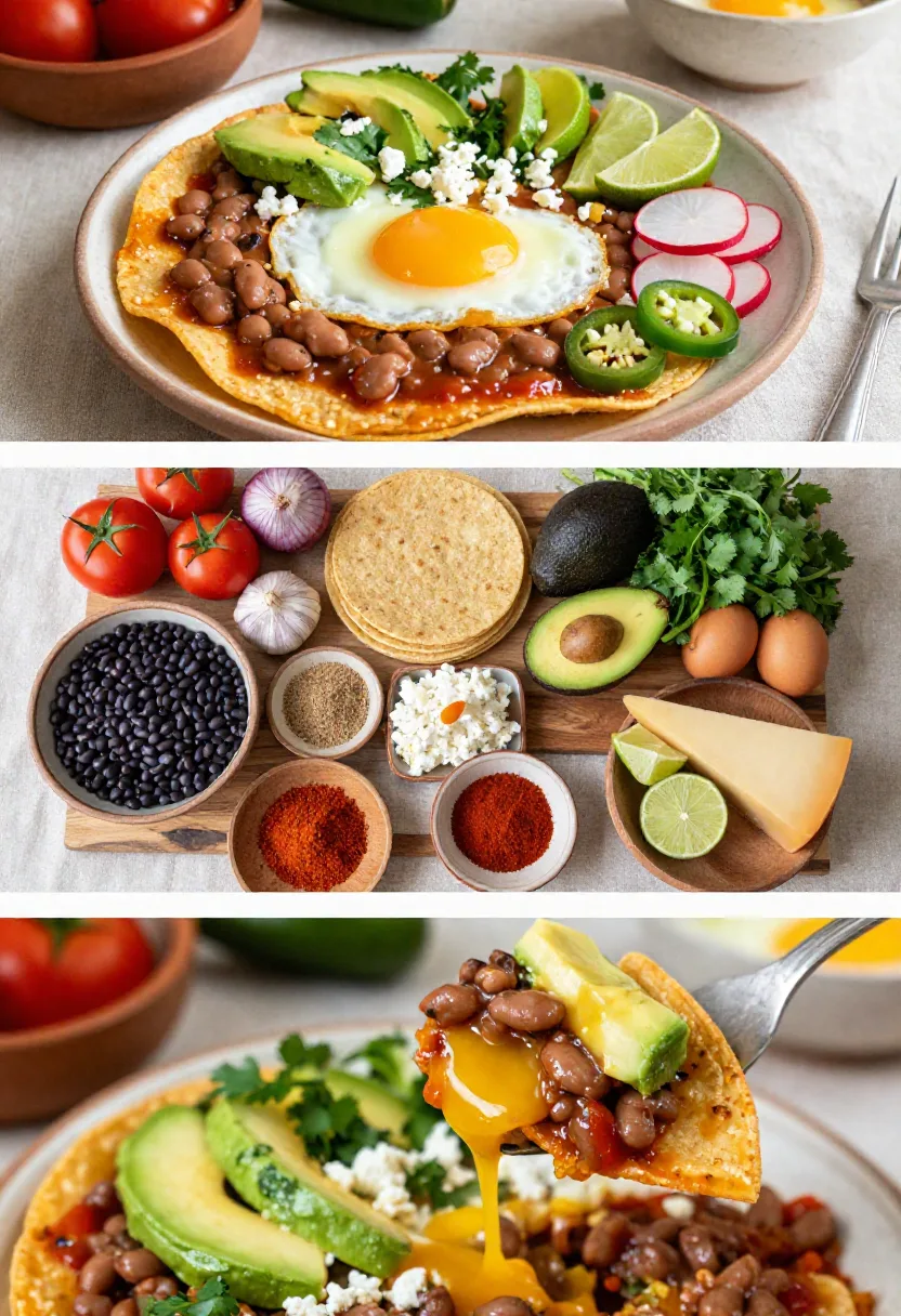 Triptych collage: a breakfast taco plate with fried egg, beans, avocado and lime; a board of fresh ingredients; and a close-up of a taco with melty cheese.