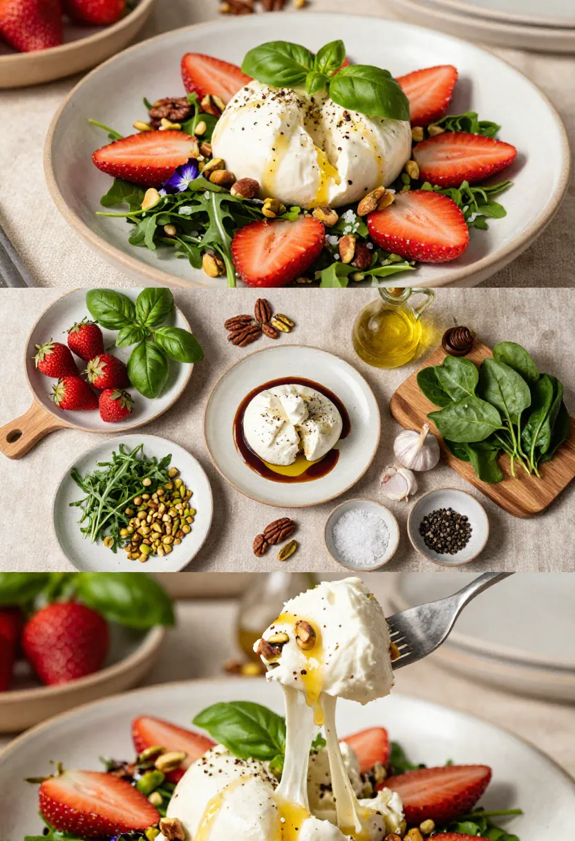 Strawberry Burrata Salad with creamy burrata, ripe strawberries, basil vinaigrette, greens, and toasted nuts.