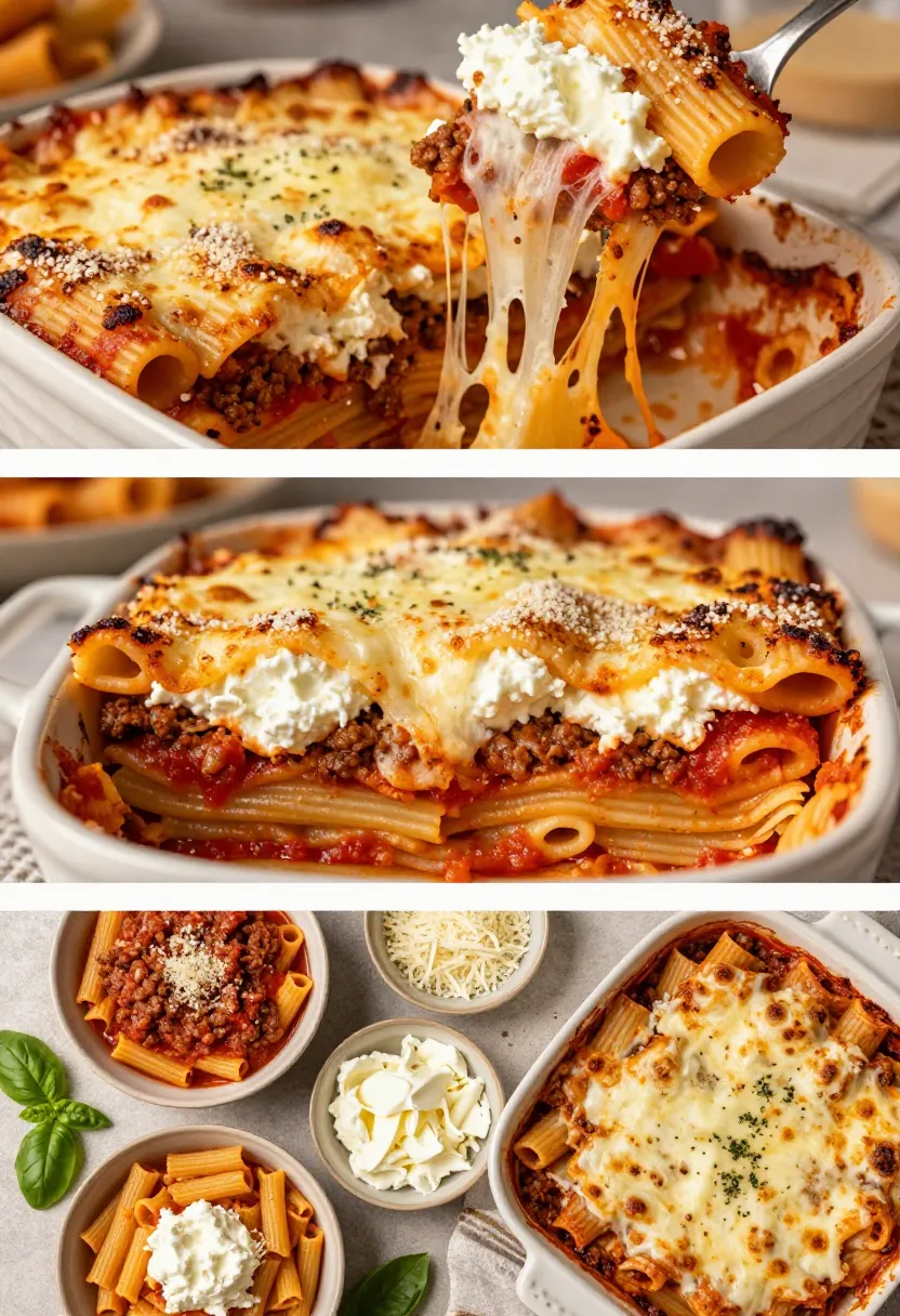 Baked pasta with ground beef in tomato sauce, melted mozzarella and ricotta on top, in a white casserole dish.
