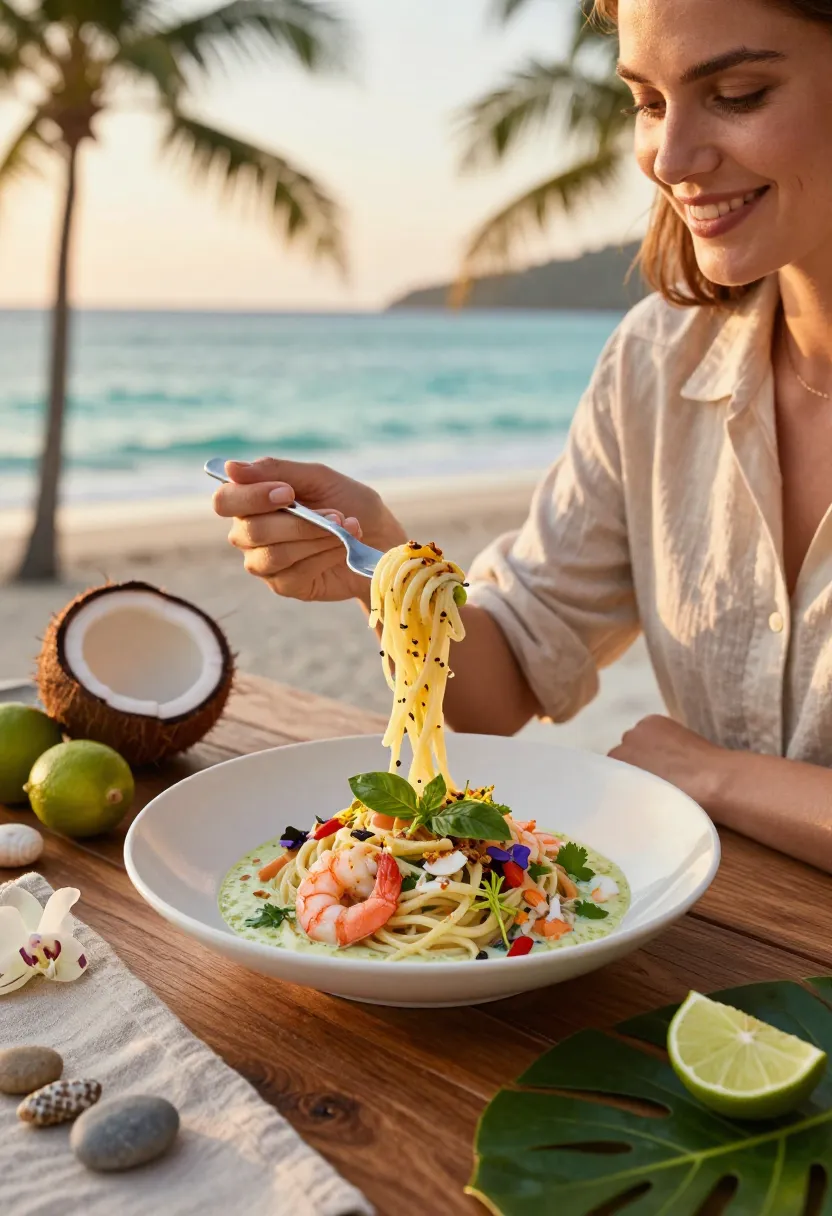 Vertical collage showing the step-by-step preparation of sea spaghetti with prawns, coconut, and lime, from cooking the sea spaghetti and prawns to creating the coconut sauce and serving the finished dish.