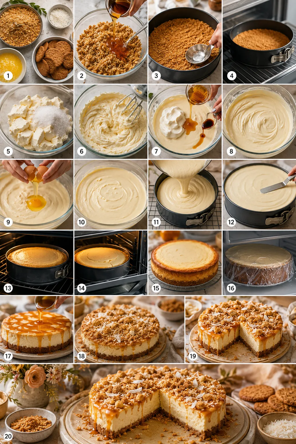 Vertical collage showing the step-by-step preparation of Golden Syrup ANZAC Cheesecake, from making the ANZAC biscuit crust to baking, decorating, and serving the finished dessert.
