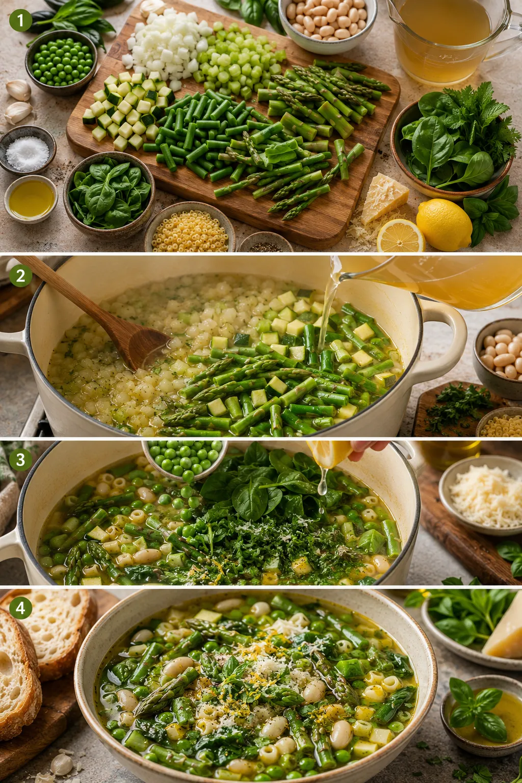 Step 1: chopped onions, celery, zucchini, asparagus, and greens arranged on a cutting board with bowls of herbs, oil, and ingredients for soup ready to cook.