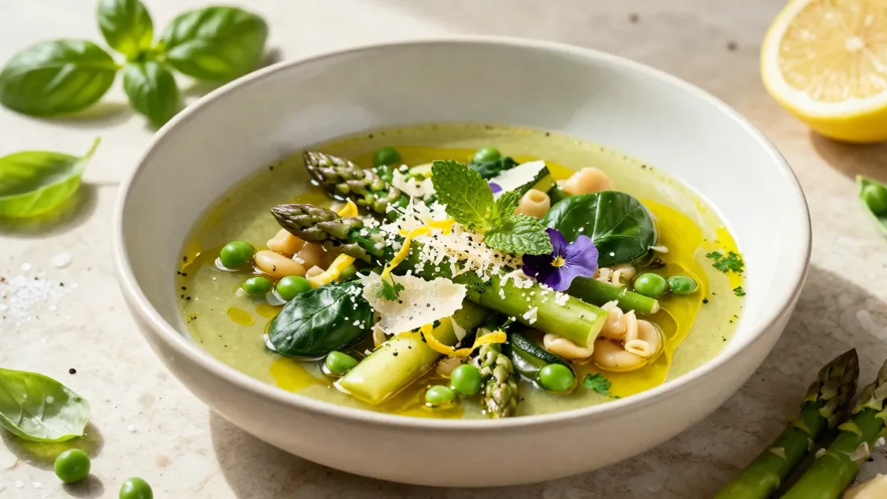 Creamy green asparagus soup in a white bowl, topped with peas, asparagus tips, spinach, parmesan shavings, mint, and a purple edible flower.