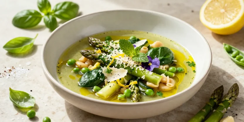 Creamy green asparagus soup in a white bowl, topped with peas, asparagus tips, spinach, parmesan shavings, mint, and a purple edible flower.