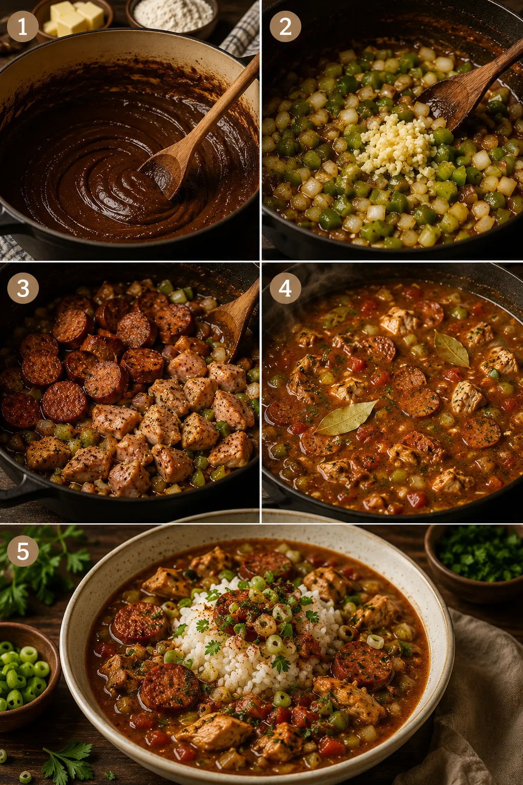 Five-step collage showing the roux, vegetables, browned sausage and chicken, simmering gumbo, and the finished Louisiana gumbo served over white rice.