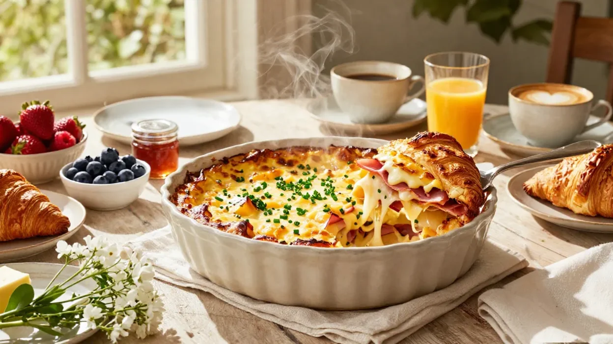 A golden ham and cheese croissant breakfast bake with melted cheese and flaky croissants served as the centerpiece of an elegant brunch table.