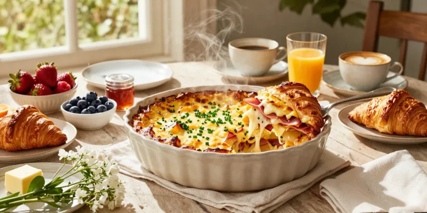 A golden ham and cheese croissant breakfast bake with melted cheese and flaky croissants served as the centerpiece of an elegant brunch table.
