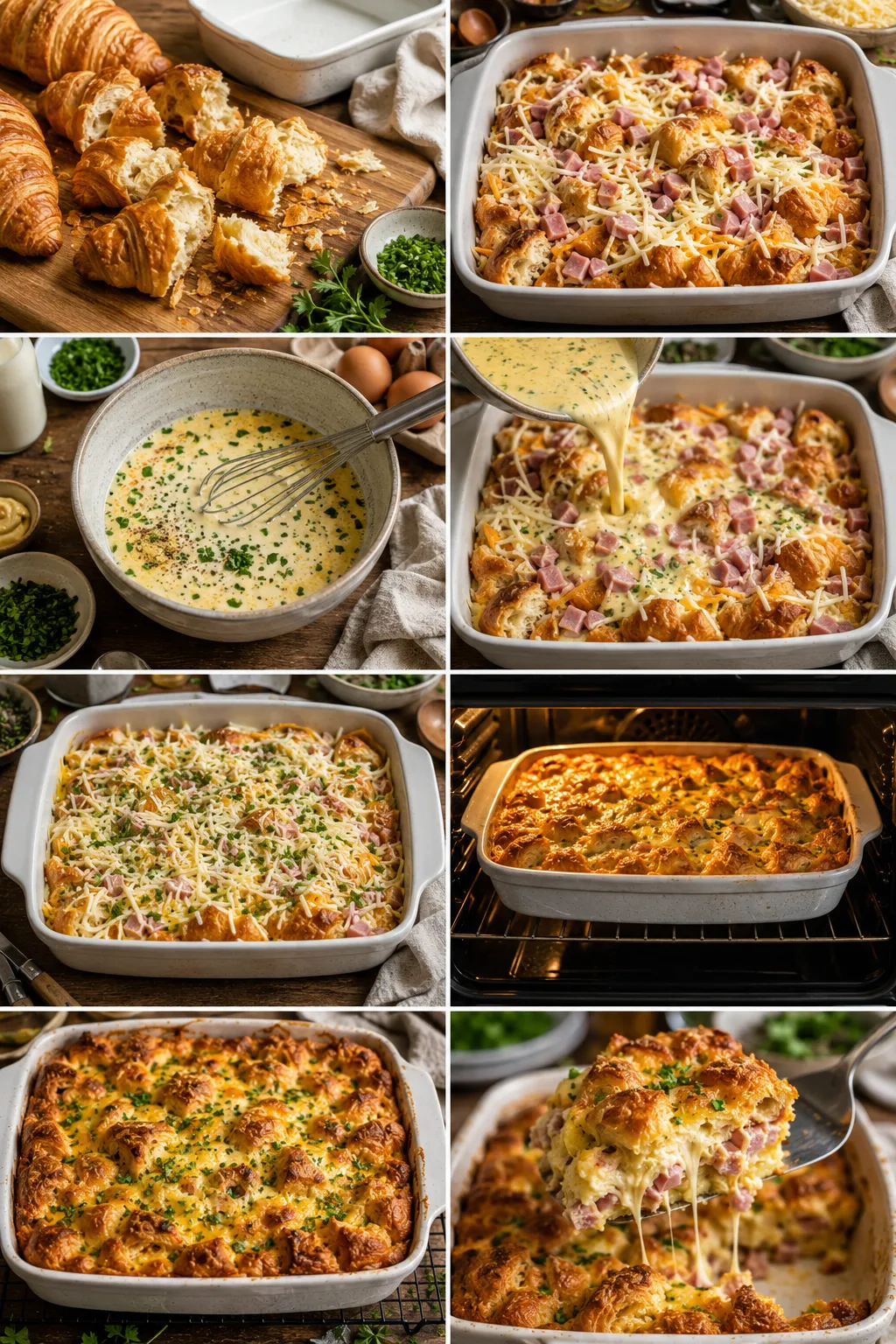 Eight-frame vertical collage showing the complete process of making a ham and cheese croissant breakfast bake, from layering buttery croissants to serving a golden cheesy casserole.