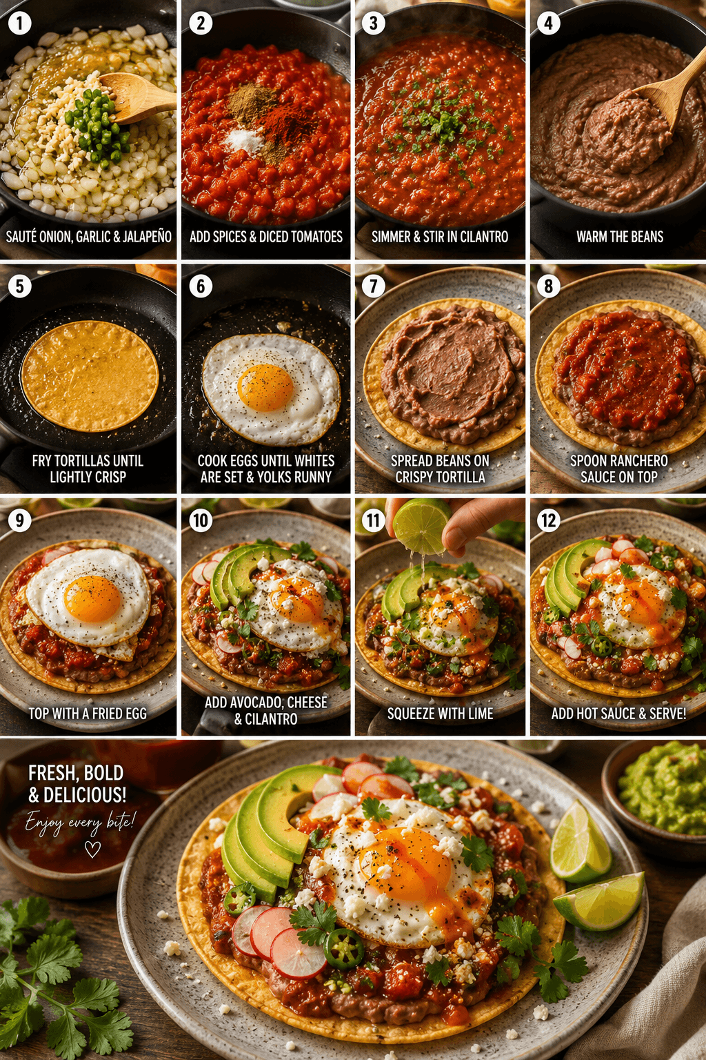 Step-by-step Huevos Rancheros with crispy tortillas, ranchero sauce, eggs, beans, and fresh garnishes.