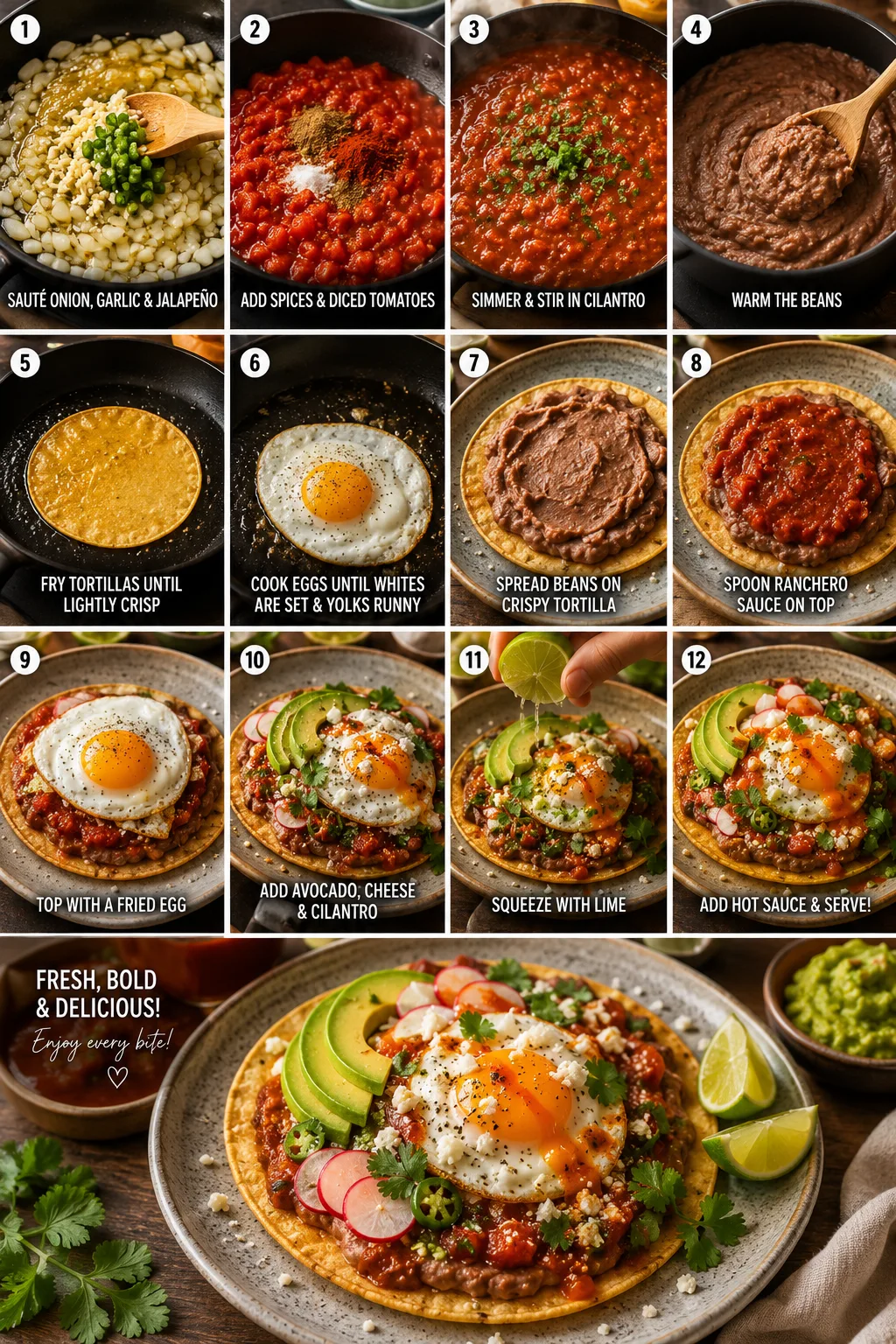 Step-by-step Huevos Rancheros with crispy tortillas, ranchero sauce, eggs, beans, and fresh garnishes.