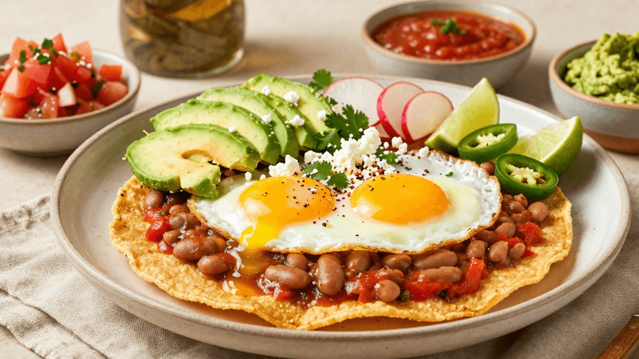 Huevos Rancheros with crispy tortillas, eggs, ranchero sauce, avocado, and fresh colorful toppings.