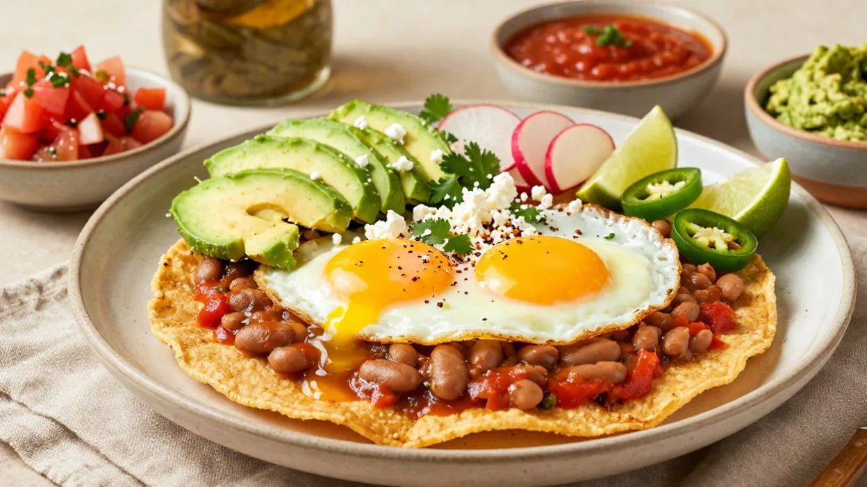 Huevos Rancheros with crispy tortillas, eggs, ranchero sauce, avocado, and fresh colorful toppings.