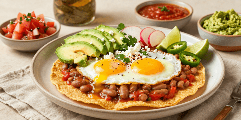 Huevos Rancheros with crispy tortillas, eggs, ranchero sauce, avocado, and fresh colorful toppings.