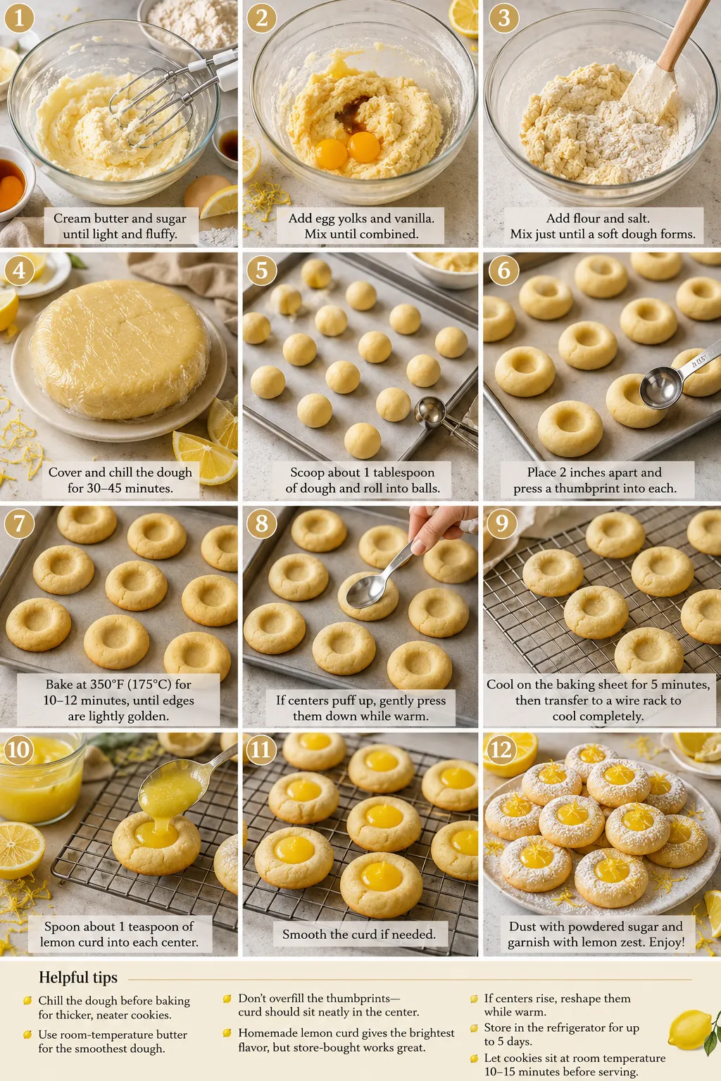 Eight-frame vertical collage showing the complete process of making lemon thumbprint cookies, from mixing the buttery dough to filling the baked cookies with silky lemon curd.