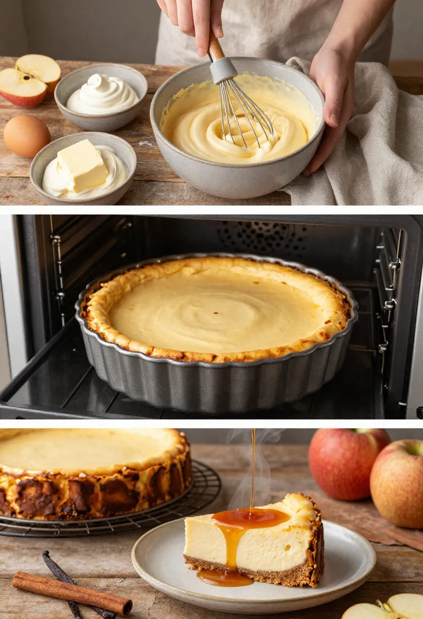 Creamy apple cinnamon cheesecake with silky filling, warm brandy sauce, and golden autumn flavors.