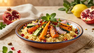 A vibrant bowl of Moroccan roasted vegetable couscous garnished with fresh herbs, toasted nuts, and pomegranate seeds.