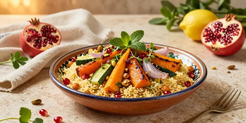 A vibrant bowl of Moroccan roasted vegetable couscous garnished with fresh herbs, toasted nuts, and pomegranate seeds.