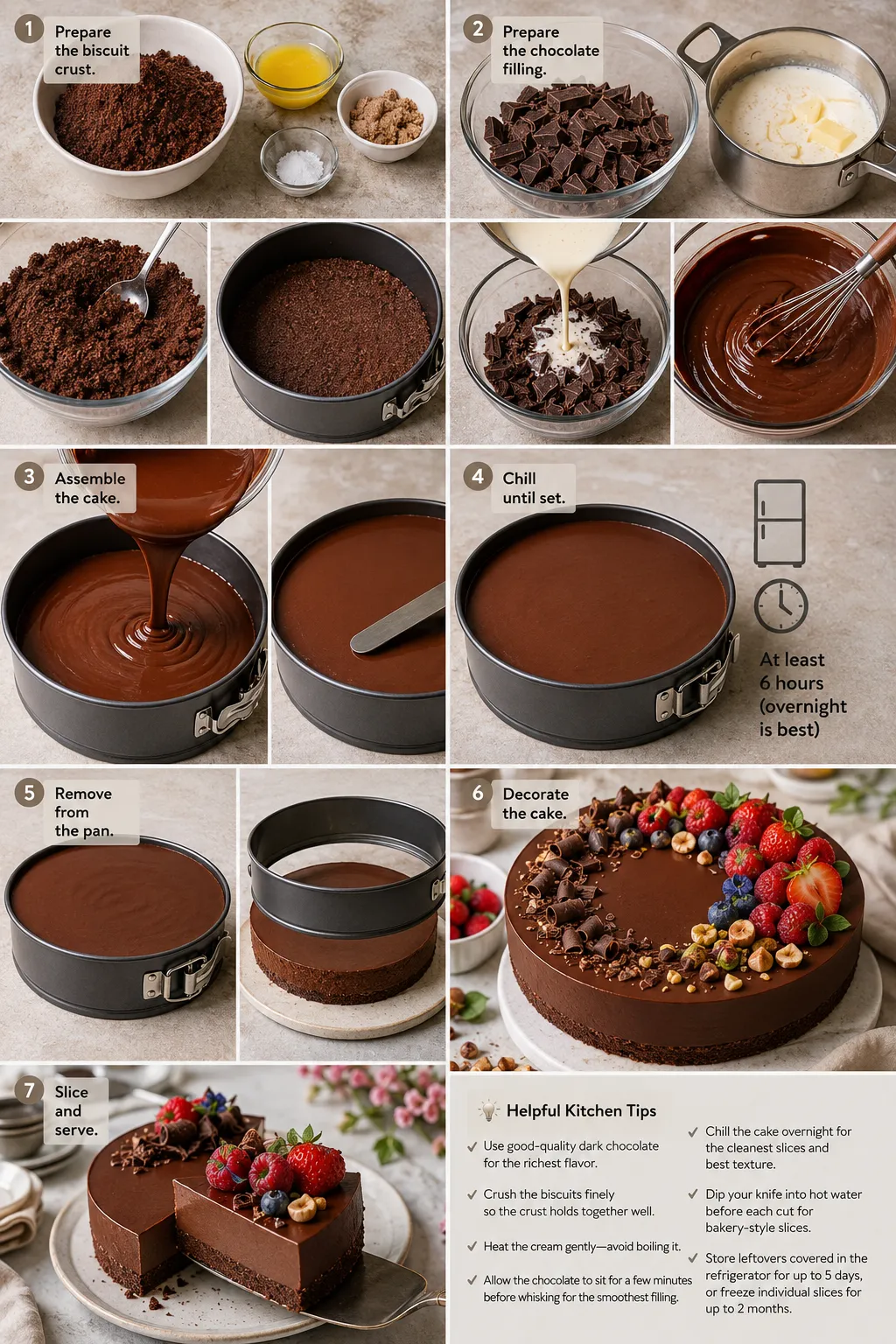 Collage showing a step-by-step chocolate cake recipe: prep crust, fill, bake, chill, decorate, slice, and serve final cake.