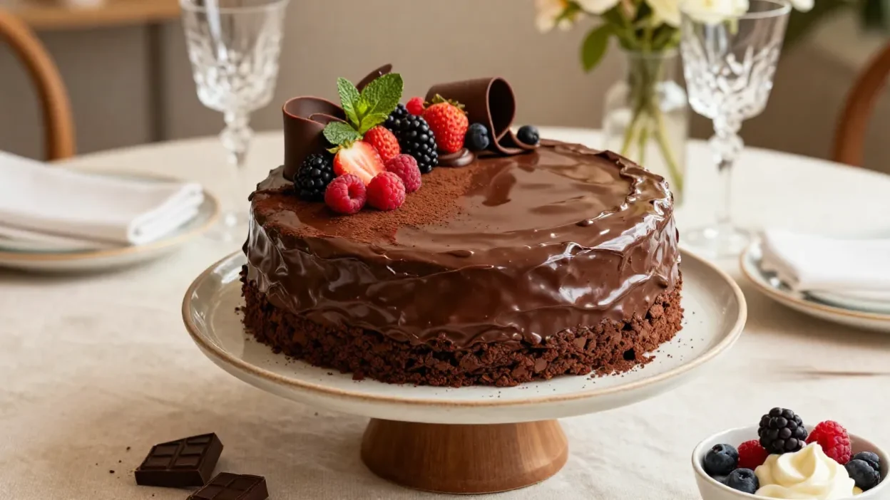 Elegant no-bake chocolate cake topped with fresh berries and chocolate curls on a beautifully styled dessert table.