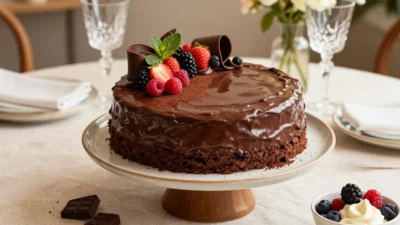 Elegant no-bake chocolate cake topped with fresh berries and chocolate curls on a beautifully styled dessert table.