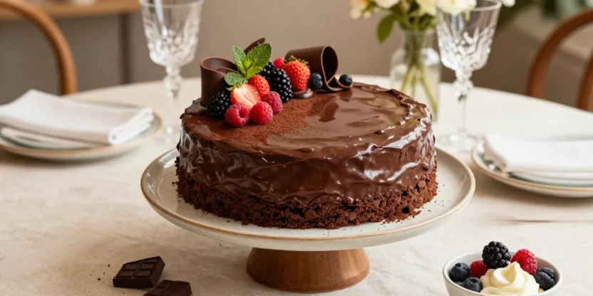Elegant no-bake chocolate cake topped with fresh berries and chocolate curls on a beautifully styled dessert table.