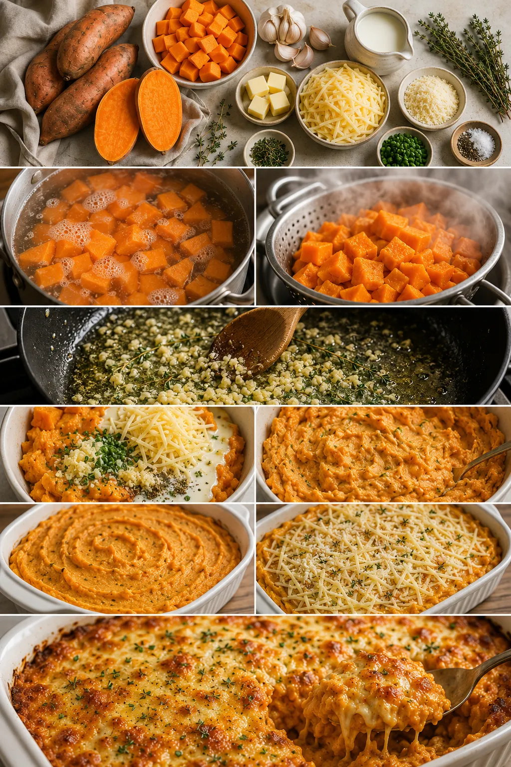 Vertical collage showing the fresh ingredients, casserole preparation, and the finished savory sweet potato casserole with a golden cheese crust.