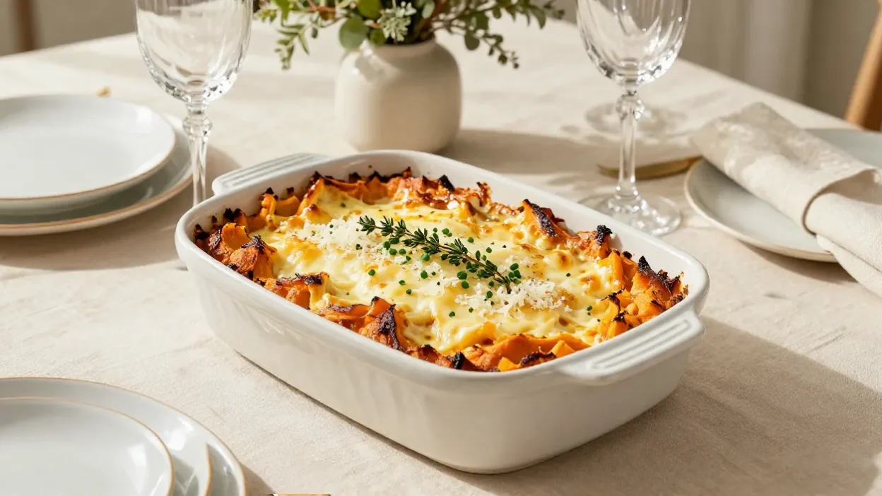 Elegant savory sweet potato casserole with golden cheese and fresh herbs in a clean editorial presentation.
