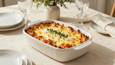 Elegant savory sweet potato casserole with golden cheese and fresh herbs in a clean editorial presentation.