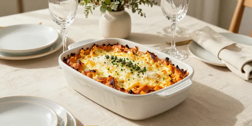 Elegant savory sweet potato casserole with golden cheese and fresh herbs in a clean editorial presentation.