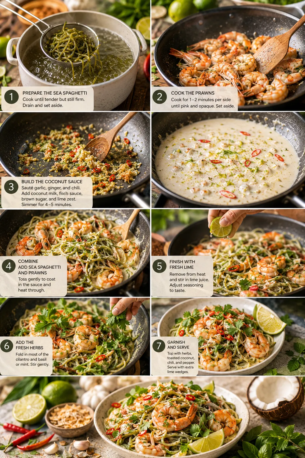 Vertical collage of elegant serving ideas for sea spaghetti with prawns, featuring tropical sides, fresh seafood pairings, artisan bread, and refreshing summer drinks.