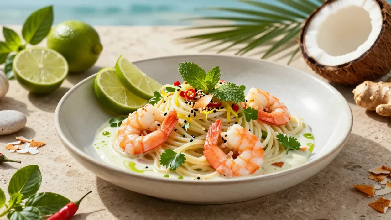 Elegant sea spaghetti with prawns, creamy coconut-lime sauce, fresh herbs, toasted coconut, and lime in a luxurious coastal restaurant presentation.