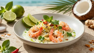 Elegant sea spaghetti with prawns, creamy coconut-lime sauce, fresh herbs, toasted coconut, and lime in a luxurious coastal restaurant presentation.