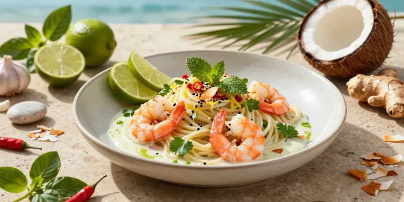 Elegant sea spaghetti with prawns, creamy coconut-lime sauce, fresh herbs, toasted coconut, and lime in a luxurious coastal restaurant presentation.
