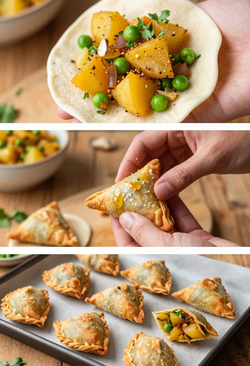 Step-by-step collage showing how to fold, seal, and bake flaky golden homemade samosas.