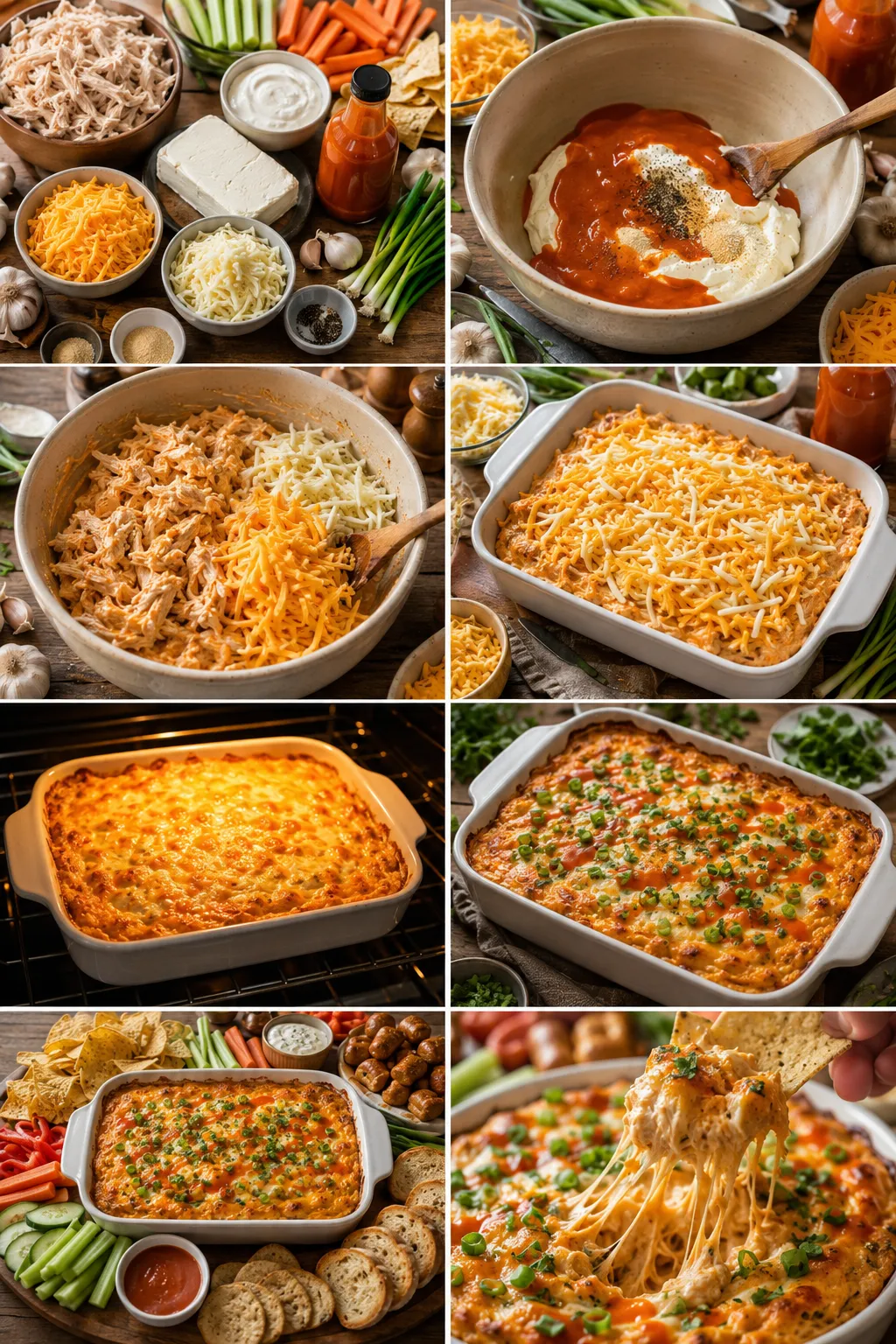 Eight-frame vertical collage showing the complete process of making skinny buffalo chicken dip, from preparing the creamy mixture to the bubbling baked dip served with colorful dippers.