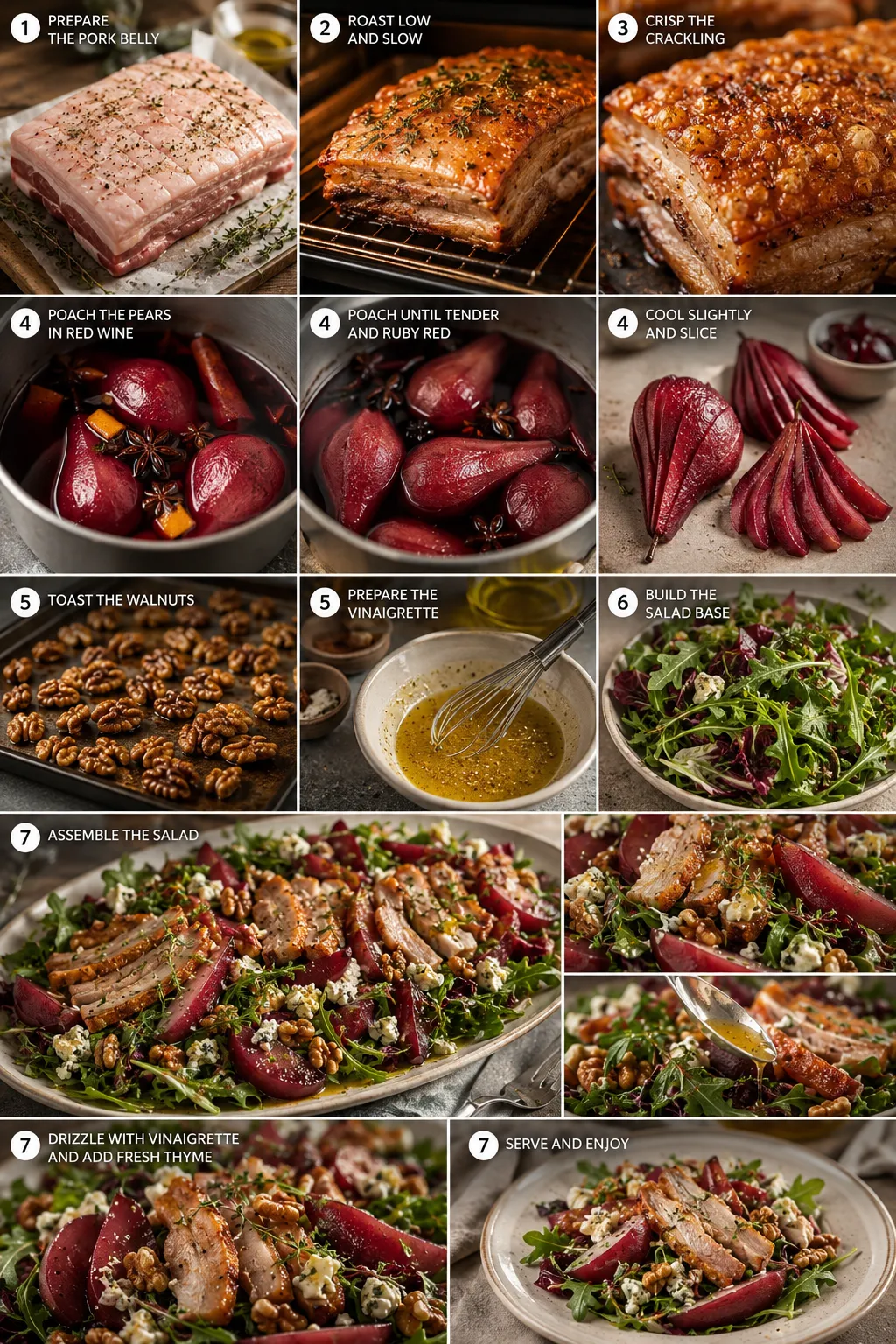 Vertical collage showing elegant serving ideas for slow-roasted pork belly and red wine poached pear salad with artisan bread, seasonal sides, and dessert pairing.