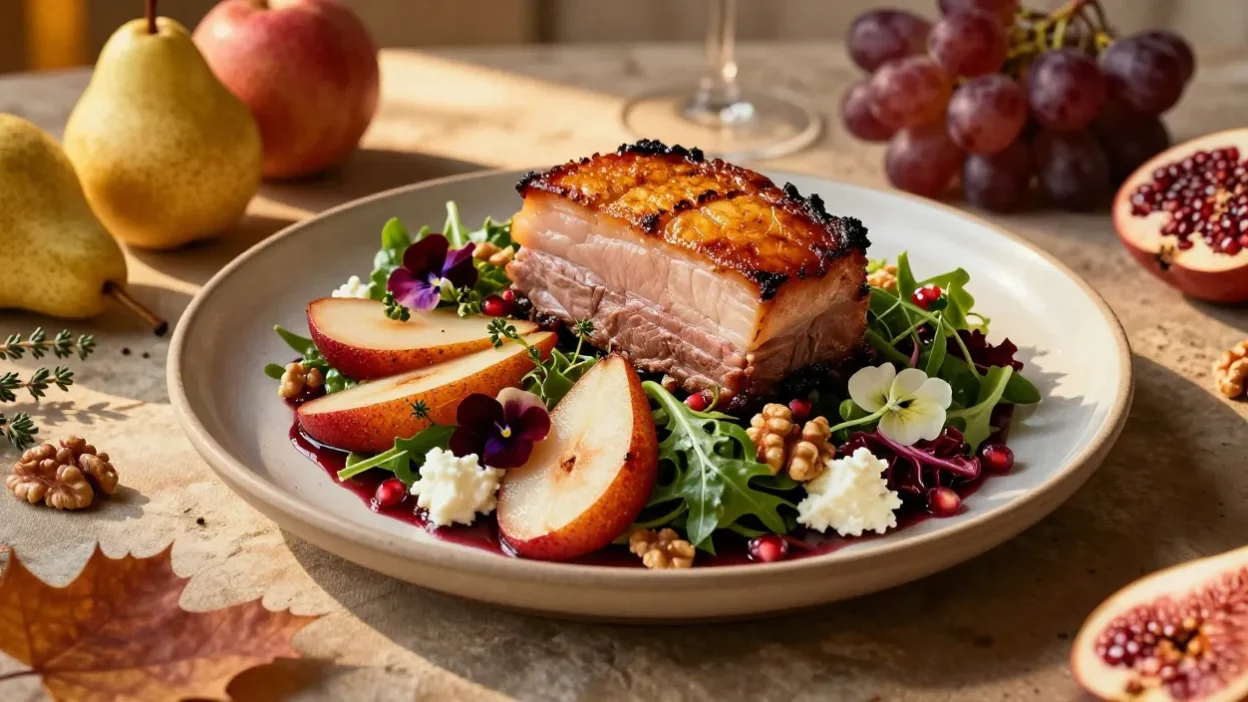 Elegant slow-roasted pork belly and red wine poached pear salad with crisp crackling, goat cheese, walnuts, and seasonal autumn garnishes.