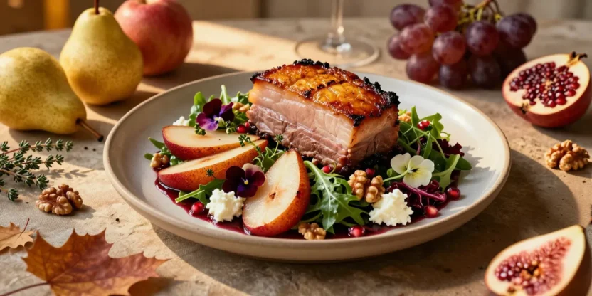 Elegant slow-roasted pork belly and red wine poached pear salad with crisp crackling, goat cheese, walnuts, and seasonal autumn garnishes.
