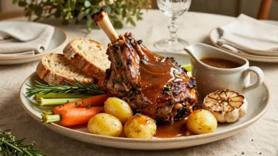 Slow Cooker Roast Lamb served with tender winter vegetables and rich herb gravy on an elegant platter.